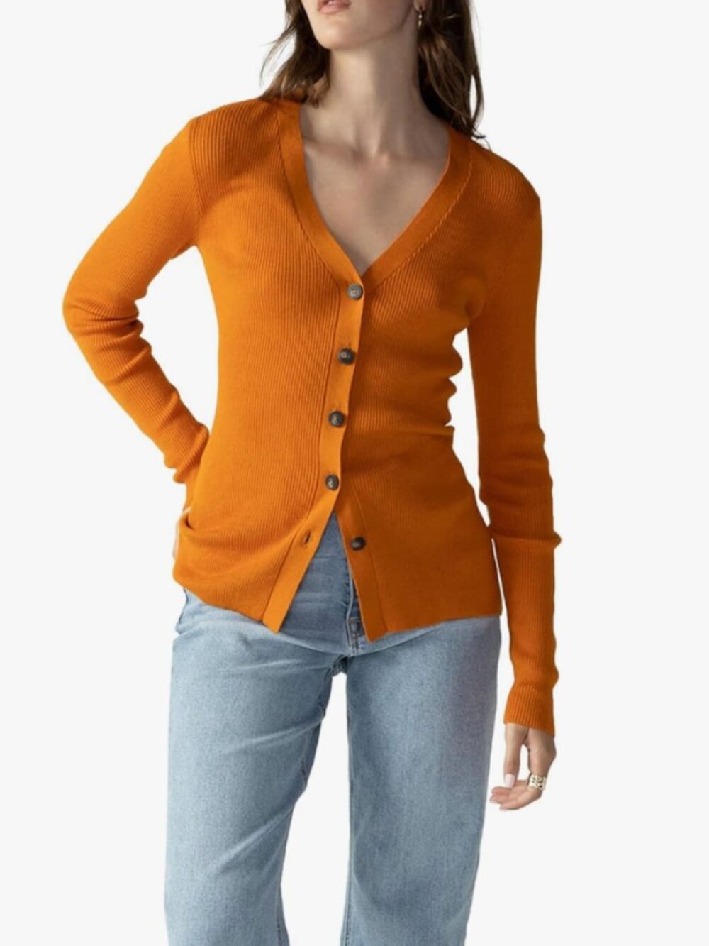 Sanctuary Off-Duty Ribbed Cardigan V-Neck Button Front Orange SmallY2K Spring